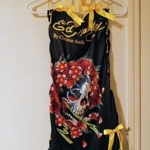 Ed Hardy Black Dress with Floral Skull and Yellow Accents